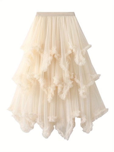 Ladies Solid Color Layered Mesh Half Skirt, Fluffy Lace Mesh Princess Skirt Fashion All-Match, Suitable for Daily Wear Fashion Commute Home Clothing White\u002FGray\u002FBlack\u002FMatcha\u002FApricot One-size