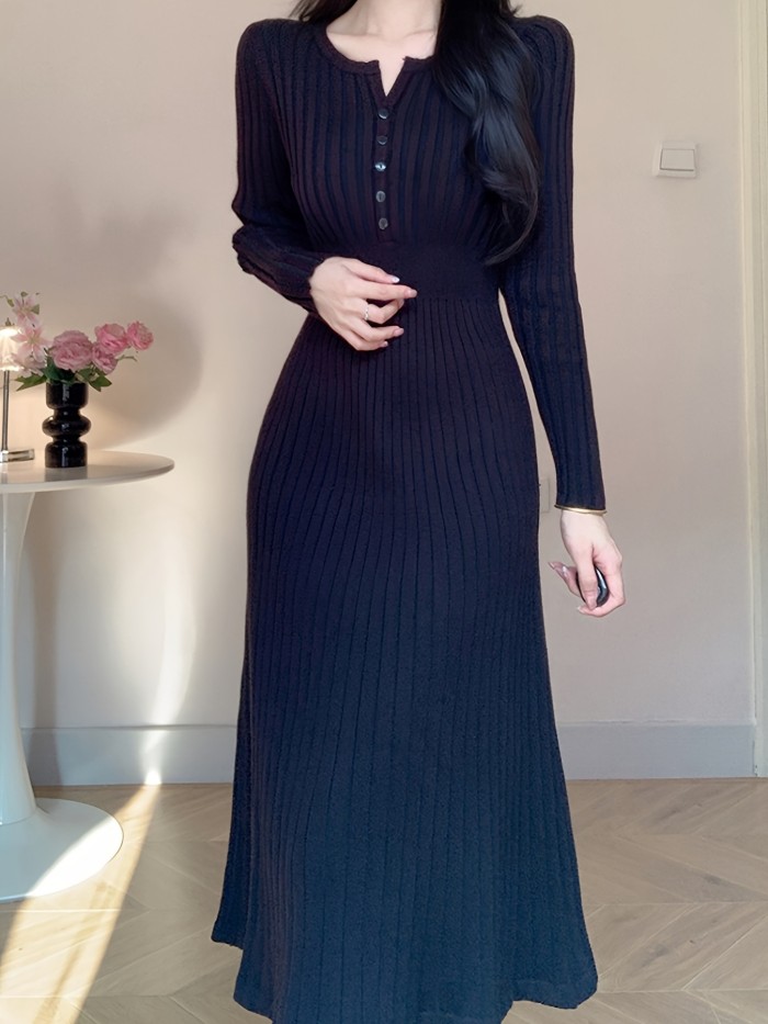 Fall\u002FWinter Asian Style Sweater Dress - Crew Neck Button Detail Knit Long Dress with Solid Color, Regular Sleeve, and Trapeze Hem - Polyester, Polyamide, Viscose Blend
