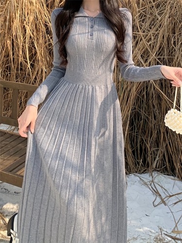 Women's Casual Cable Knit Pleated Sweater Dress - Wool Blend Long Sleeve Midi Dress with Button Detail and Flared Hem - Fall\u002FWinter Collection
