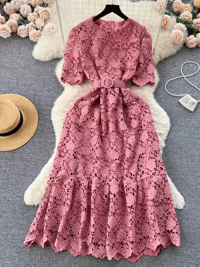 Vintage Chiffon Lace Dress with V-Neck, A-Line Long Skirt, Solid Color, Woven, Belted, Adult Fashion for All Seasons