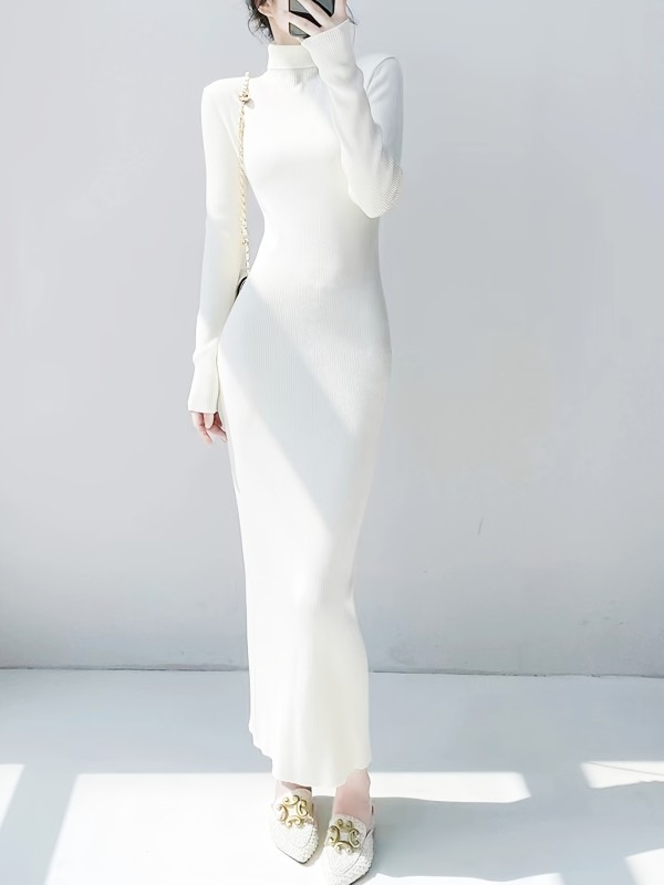 Elegant Women's High-Neck Long Sleeve Fitted Knit Dress - Solid Color, Acrylic Material, X Shape, Knit Fabric