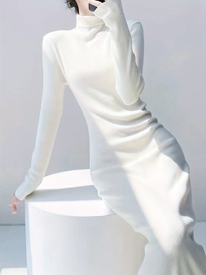 Elegant Women's High-Neck Long Sleeve Fitted Knit Dress - Solid Color, Acrylic Material, X Shape, Knit Fabric