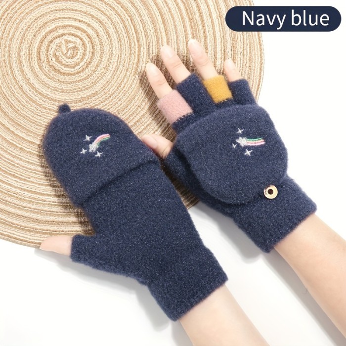 1pc Women's Flip Gloves - Casual Half Finger with Cover, Fashionable Rainbow Stripes, Knitted Acrylic Material, Hand Washable, Pull-On Closure, Ideal for Outdoor Activities \u002F Driving \u002F Cycling, Perfect Gift for Halloween\u002FChristmas\u002FValentine's Day