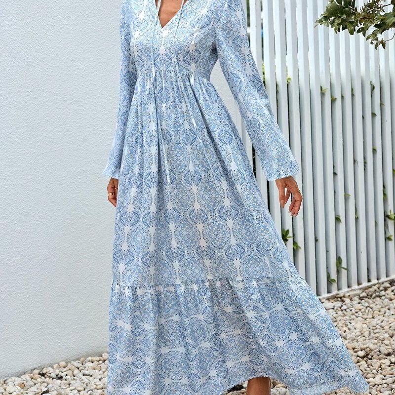 Vibrant Printed Maxi Dress for Women - Casual, Comfortable, V-Neck Polyester Spandex Blend Dresses - Random Print Design, Spring\u002FSummer\u002FAutumn Wear, Easy to Move Around