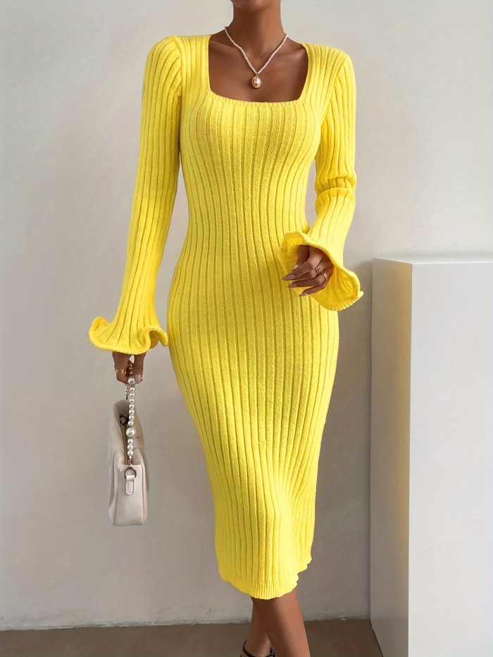 Elegant Ribbed Knit Bodycon Sweater Dress with Lettuce Trim Fluted Sleeves and Square Neckline - Acrylic Blend, Solid Pattern, Middle Eastern Style