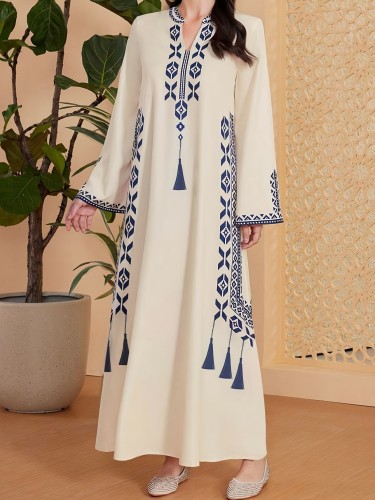 Women's Middle Eastern Dress, Polyester, Casual V-Neck, Geometric Pattern, Straight Fit, All Seasons, Adult, Woven Fabric