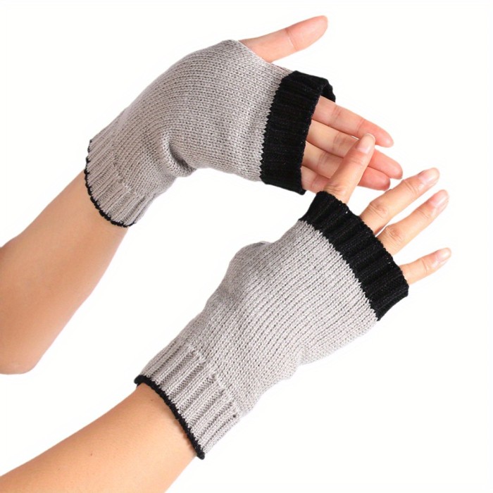 Stylish Color Block Knit Gloves Elegant Elastic Fingerless Gloves Autumn Winter Soft Warm Writing Gloves