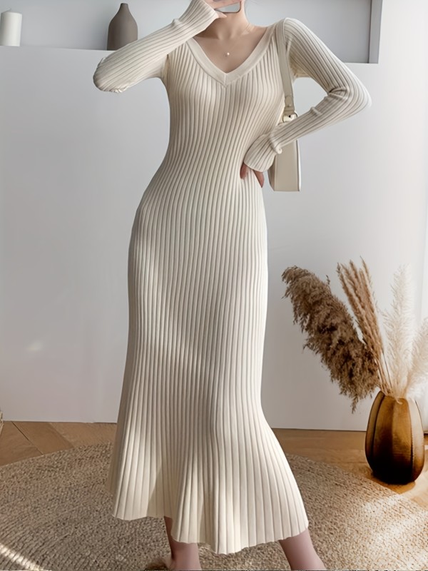 Ribbed Solid Sweater Dress - Casual, V Neck, Long Sleeve, Comfortable, Soft, and Cozy Women's Clothing for Everyday Wear