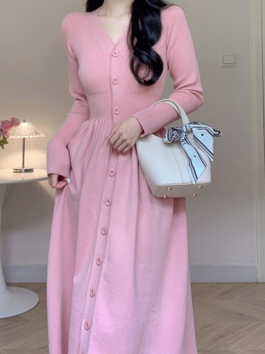 Cozy Chic A-Line Knit Sweater Dress - Elegant Long Sleeve V Neck Fall & Winter Essential for Women - Soft, Comfortable, and Versatile Solid Color Clothing