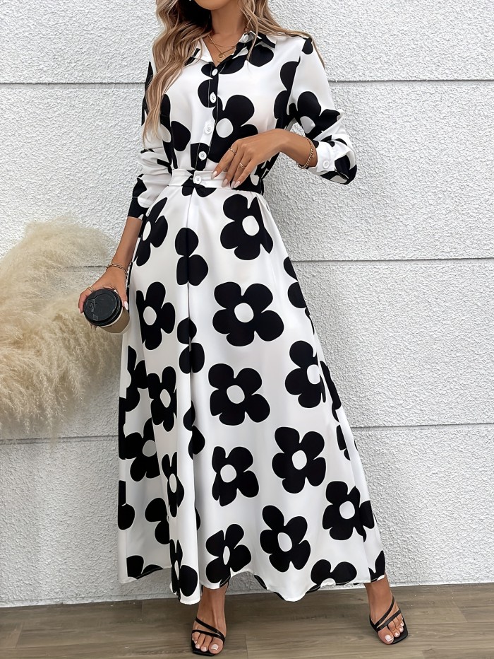 Floral Print Long Sleeve Dress, Elegant Button Front A-line Dress For Spring & Fall, Women's Clothing