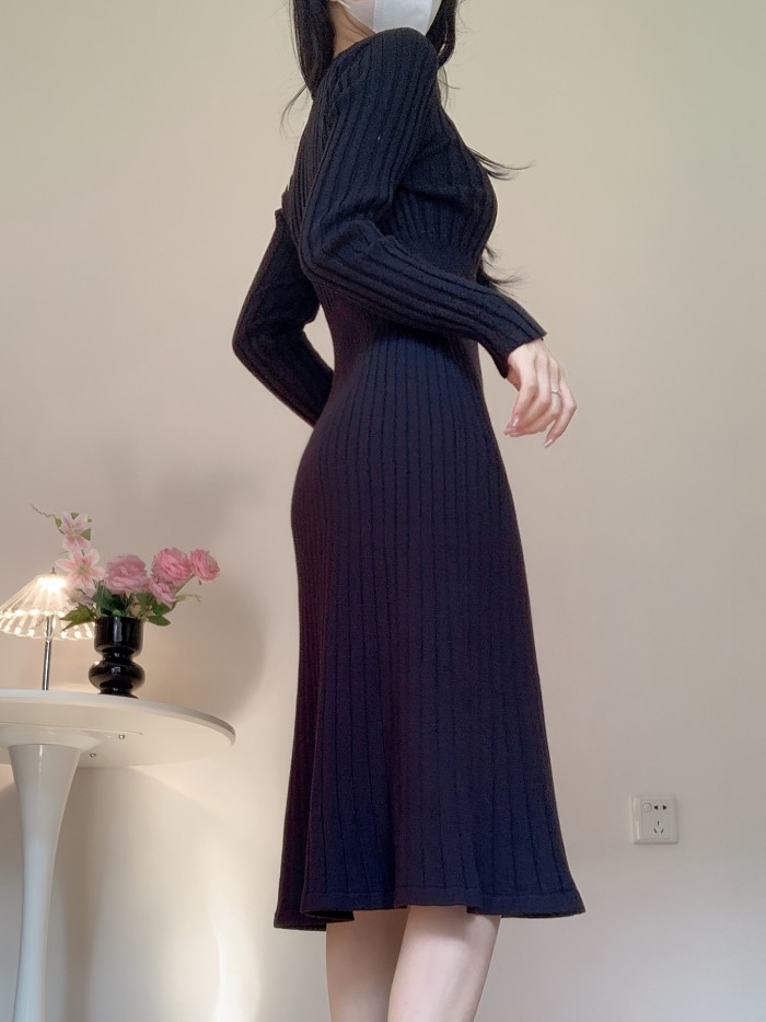 Fall\u002FWinter Asian Style Sweater Dress - Crew Neck Button Detail Knit Long Dress with Solid Color, Regular Sleeve, and Trapeze Hem - Polyester, Polyamide, Viscose Blend
