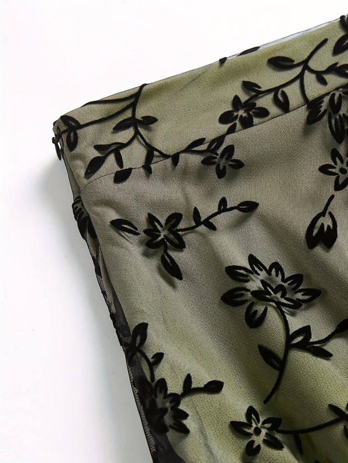 Floral Print Mesh Layered Skirt, Elegant Ruffle Hem Aline Swing Skirt For Spring & Fall, Women's Clothing