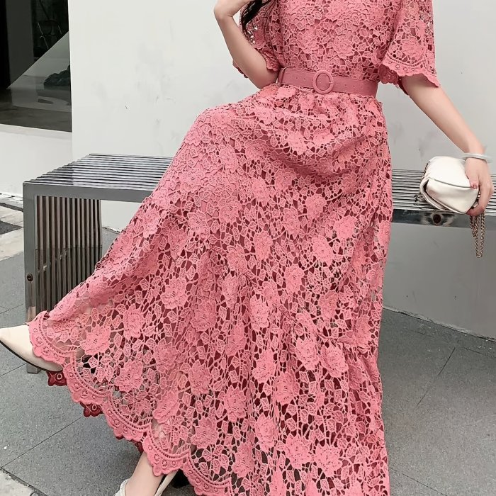 Vintage Chiffon Lace Dress with V-Neck, A-Line Long Skirt, Solid Color, Woven, Belted, Adult Fashion for All Seasons
