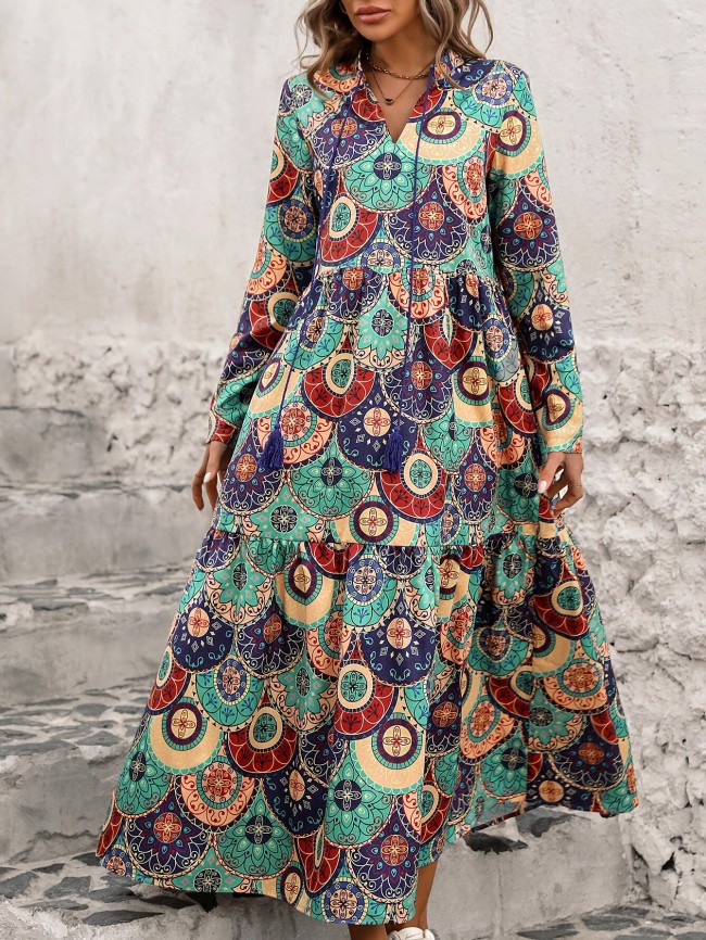 1pc Bohemian Style Women's Long Sleeve Dress with Tassel Detail, V-Neck, Paisley Print, Polyester, A-Line Cut, Suitable for All Seasons