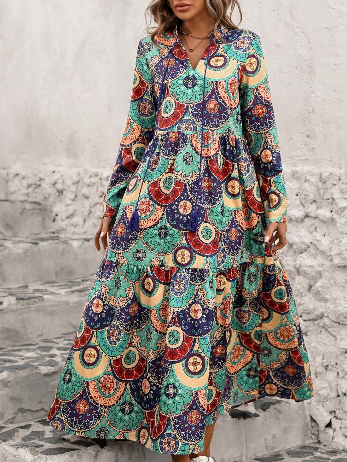 1pc Bohemian Style Women's Long Sleeve Dress with Tassel Detail, V-Neck, Paisley Print, Polyester, A-Line Cut, Suitable for All Seasons