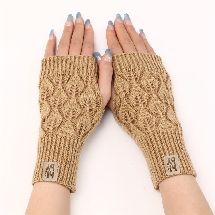 Chic Leaf Pattern Knit Gloves with Letter Label - Warm, Stretchy Fingerless Design for Women | Perfect for Winter Outings
