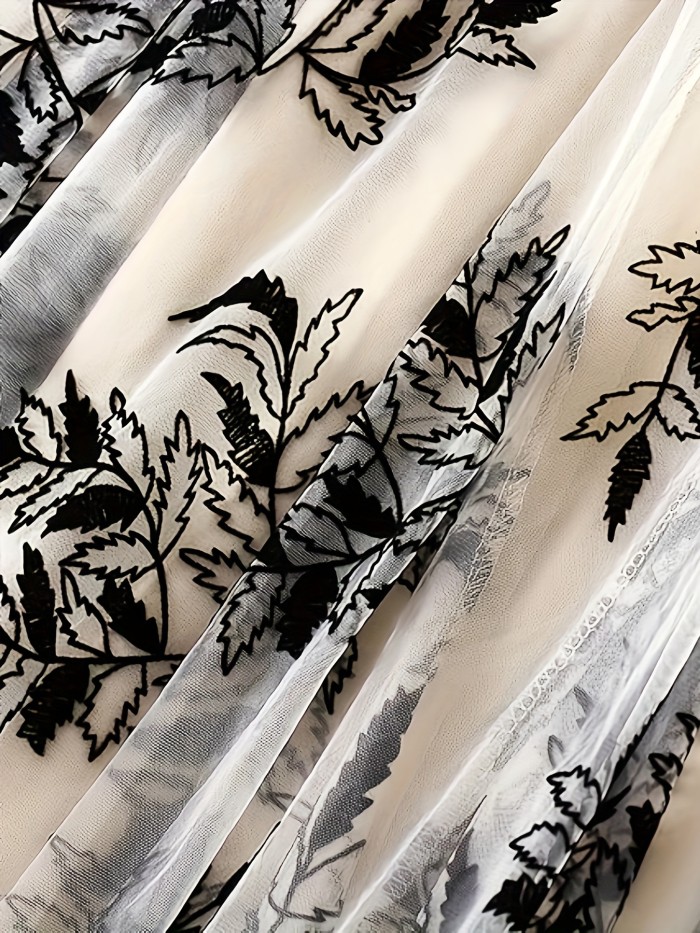 Flirty Plant Print Tiered Mesh Skirt - Elastic Waist, Ruffle Hem Midi Style - Perfect for Trendsetting Women