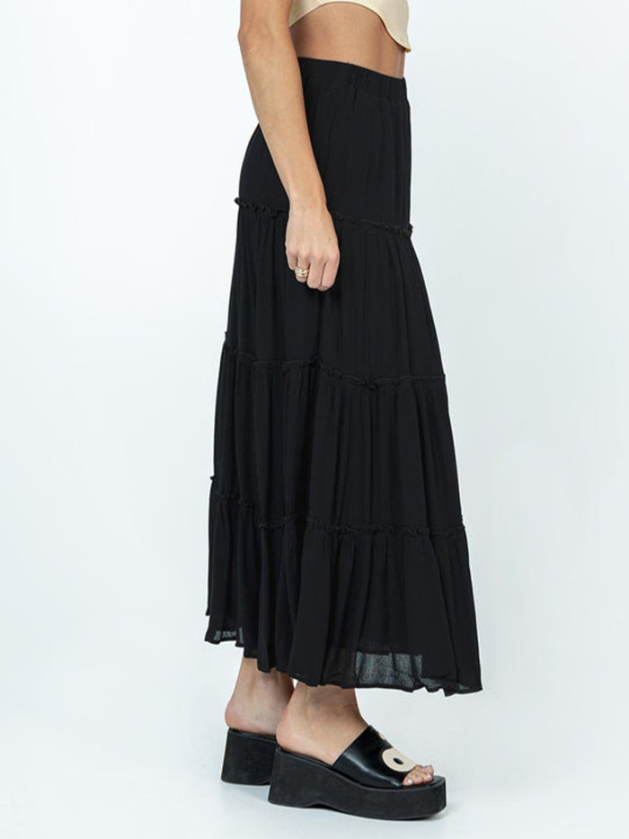 Women Y2k Boho Maxi Skirt Cute Ruffle Hem Long Skirt Elegant Solid Color Elastic Waist Skirt Spring Summer Big Swing Loose Casual Skirt Streetwear