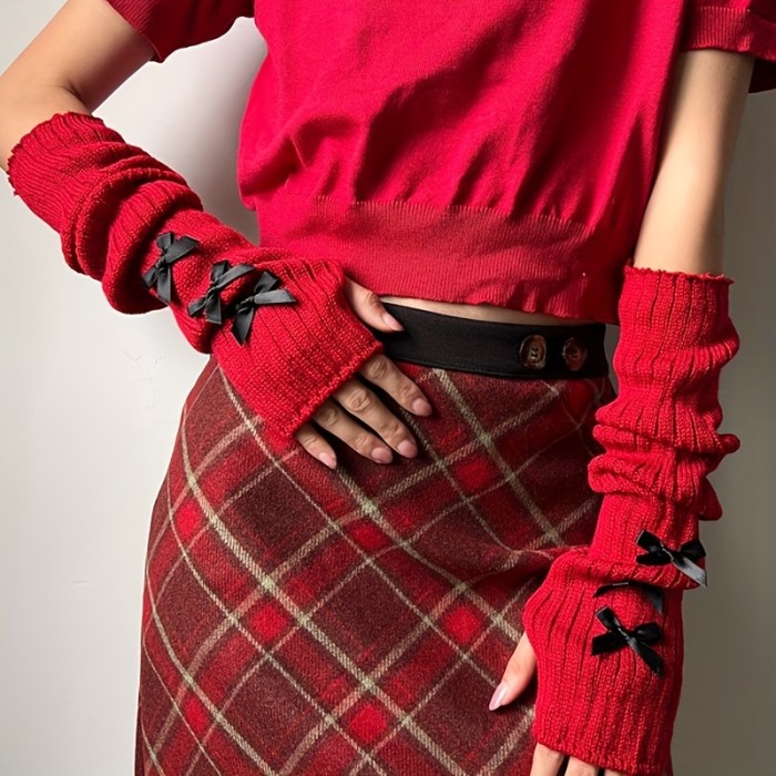 Elegant Vintage Knitted Long Sleeve Covers with Bow Detail, Y2K Style Fingerless Gloves Fashion Arm Warmers, Polyester Stretch Fabric, Decorative Knitwear for Outings - Pair