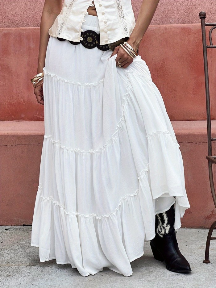 Women Y2k Boho Maxi Skirt Cute Ruffle Hem Long Skirt Elegant Solid Color Elastic Waist Skirt Spring Summer Big Swing Loose Casual Skirt Streetwear