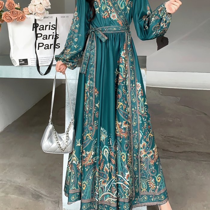 Women'S Chiffon V-Neck Printed Maxi Dress, Vintage Style, Long Sleeve, Waist Tie, A-Line, Regular Fit, All-Season, Adult Fashion