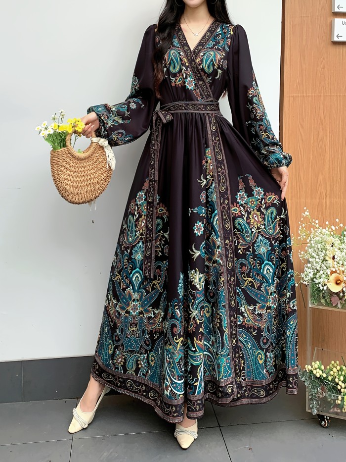 Women'S Chiffon V-Neck Printed Maxi Dress, Vintage Style, Long Sleeve, Waist Tie, A-Line, Regular Fit, All-Season, Adult Fashion