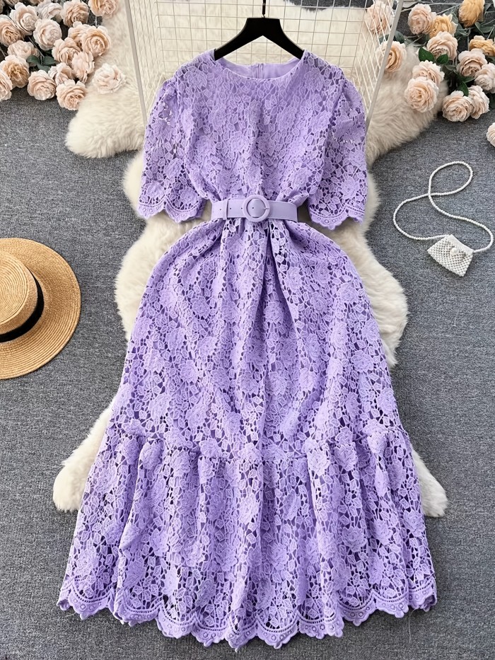 Vintage Chiffon Lace Dress with V-Neck, A-Line Long Skirt, Solid Color, Woven, Belted, Adult Fashion for All Seasons