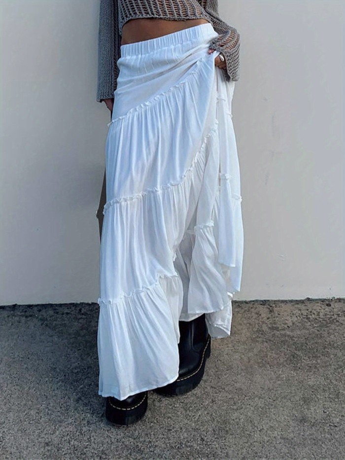 Women Y2k Boho Maxi Skirt Cute Ruffle Hem Long Skirt Elegant Solid Color Elastic Waist Skirt Spring Summer Big Swing Loose Casual Skirt Streetwear