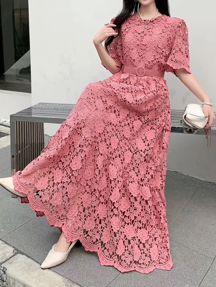 Vintage Chiffon Lace Dress with V-Neck, A-Line Long Skirt, Solid Color, Woven, Belted, Adult Fashion for All Seasons