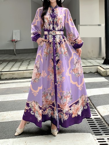 Women'S Vintage Chiffon Long Dress, French Lady Printed, Round Neck, Belted, Slimming A-Line, All-Season, Regular Fit, Adult, Woven Fabric
