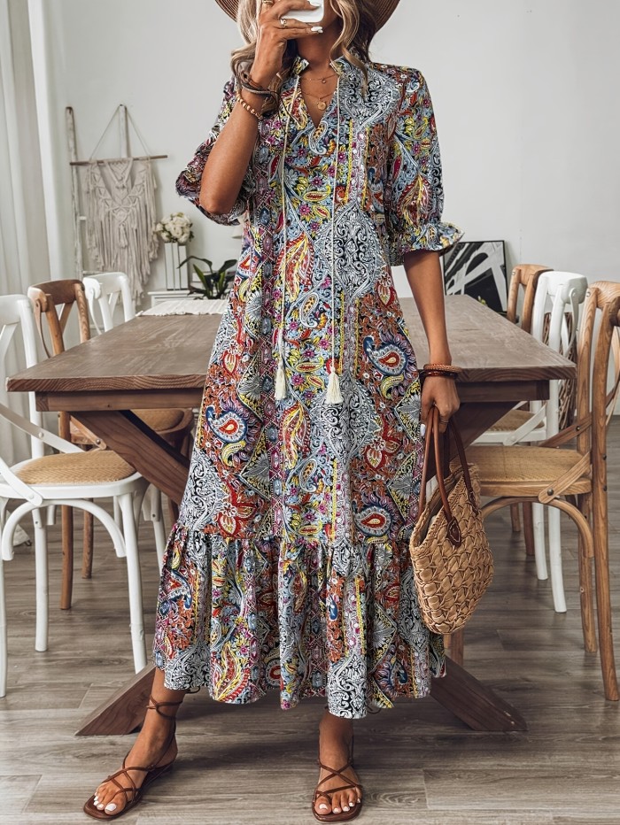 Elegant Boho Paisley Print Midi Dress for Women - V-Neck, Half Sleeve, Non-Stretch Polyester, Machine Washable - Perfect for Spring & Fall