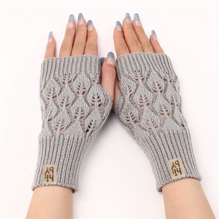 Chic Leaf Pattern Knit Gloves with Letter Label - Warm, Stretchy Fingerless Design for Women | Perfect for Winter Outings