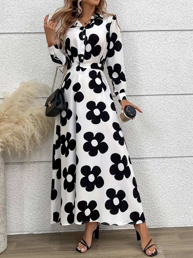 Floral Print Long Sleeve Dress, Elegant Button Front A-line Dress For Spring & Fall, Women's Clothing