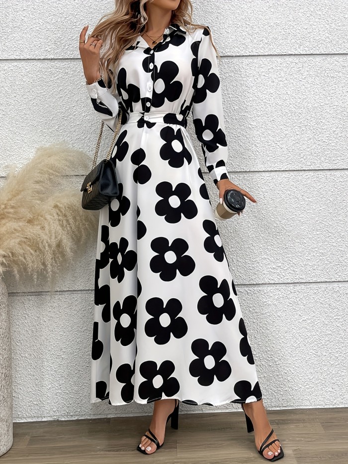 Floral Print Long Sleeve Dress, Elegant Button Front A-line Dress For Spring & Fall, Women's Clothing