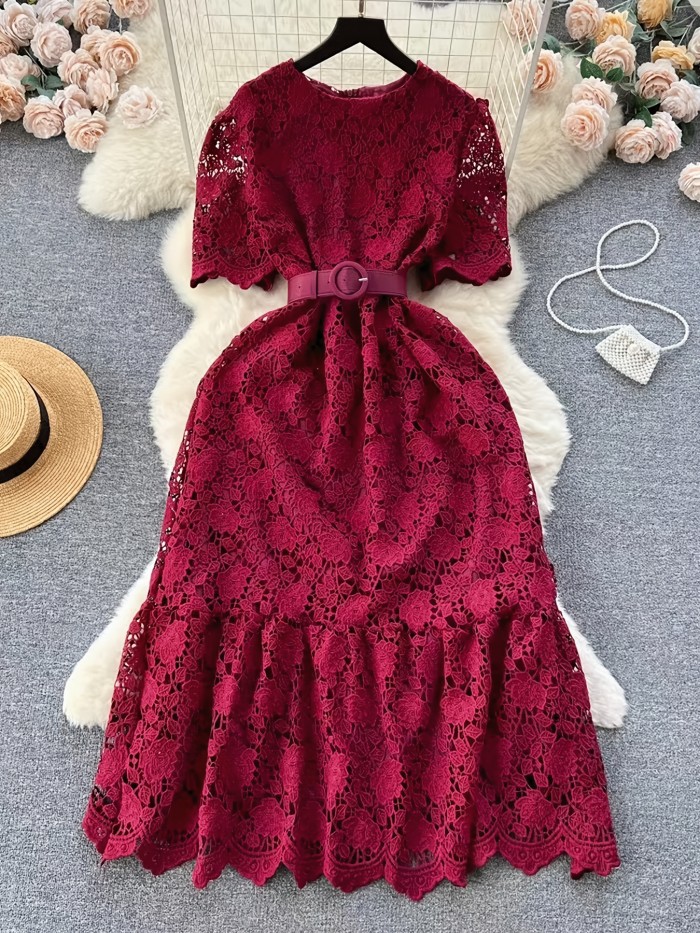 Vintage Chiffon Lace Dress with V-Neck, A-Line Long Skirt, Solid Color, Woven, Belted, Adult Fashion for All Seasons