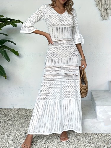 Hollow Out V Neck Knitted Dress, Elegant 3\u002F4 Sleeve Ankle Length Dress For Spring & Summer, Women's Clothing