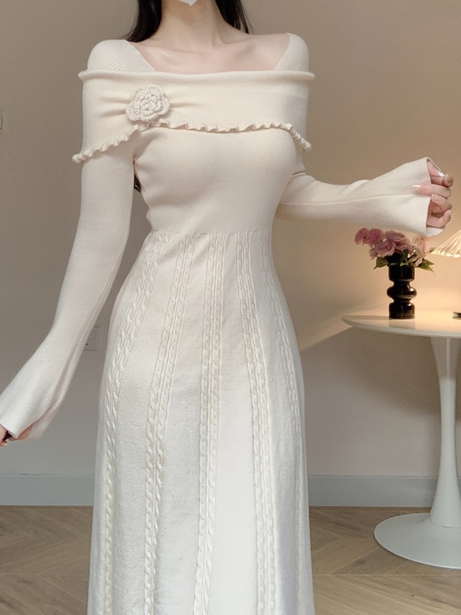 Women's Knit Dress with 3D Floral Off-Shoulder Detail, Long Sleeve, Solid Color, Regular Fit, A-Line, No Belt, Long Length, Sleeveless, Winter Fashion, Sweater Knit Fabric