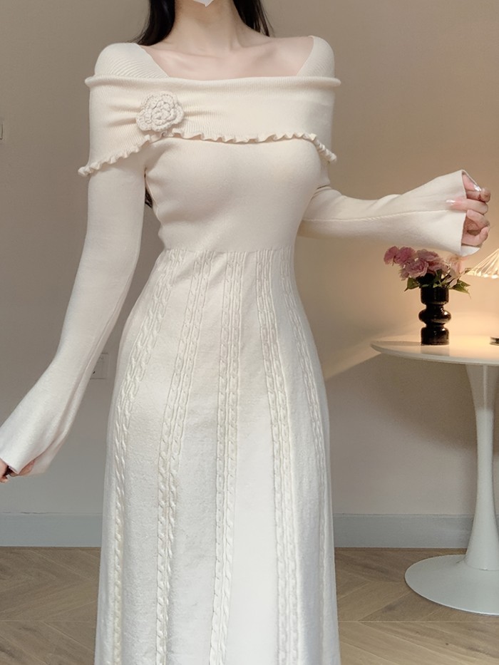 Women's Knit Dress with 3D Floral Off-Shoulder Detail, Long Sleeve, Solid Color, Regular Fit, A-Line, No Belt, Long Length, Sleeveless, Winter Fashion, Sweater Knit Fabric