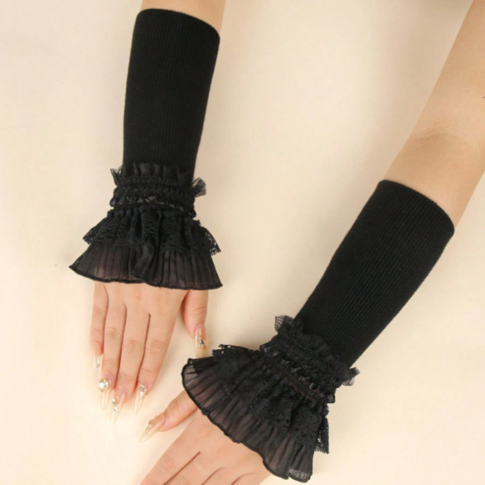1 Pair Women's Fashion Elastic Fingerless Arm Warmers, Double Layer Lace Knit Cuff, Polyester Stretch Gloves for Casual Wear, Hand Wash Only