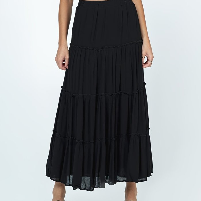 Women Y2k Boho Maxi Skirt Cute Ruffle Hem Long Skirt Elegant Solid Color Elastic Waist Skirt Spring Summer Big Swing Loose Casual Skirt Streetwear