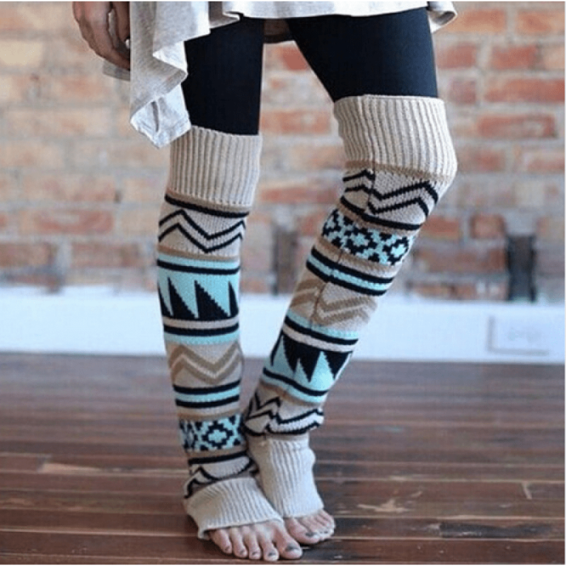 1 Pairs Women Winter Knit Crochet Leg Warmers Geometric Print Colorblock Warm Boot Cover