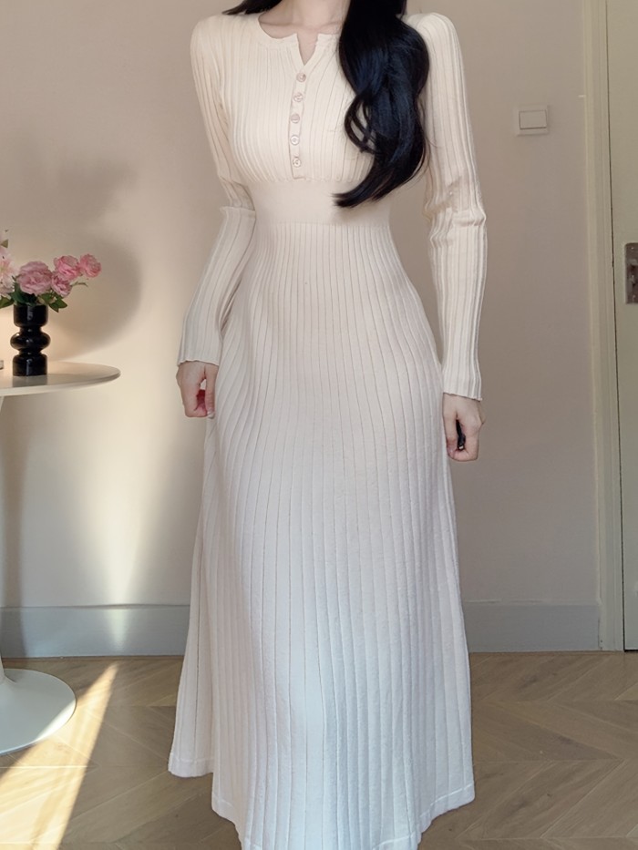 Fall\u002FWinter Asian Style Sweater Dress - Crew Neck Button Detail Knit Long Dress with Solid Color, Regular Sleeve, and Trapeze Hem - Polyester, Polyamide, Viscose Blend