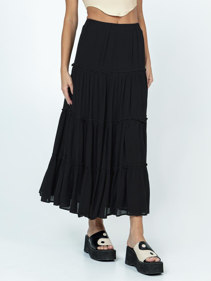 Women Y2k Boho Maxi Skirt Cute Ruffle Hem Long Skirt Elegant Solid Color Elastic Waist Skirt Spring Summer Big Swing Loose Casual Skirt Streetwear