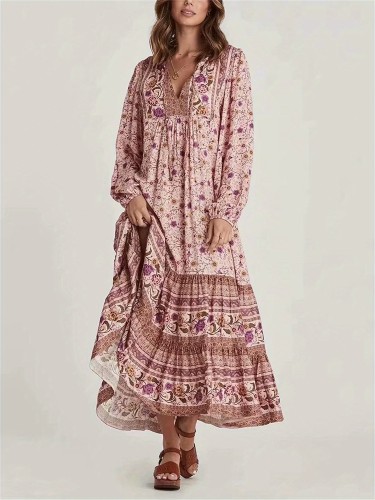 Women's Bohemian Long Dresses Floral Print Long Balloon Sleeves Tie V-Neck Tiered Smock Flowy A-Line Dress