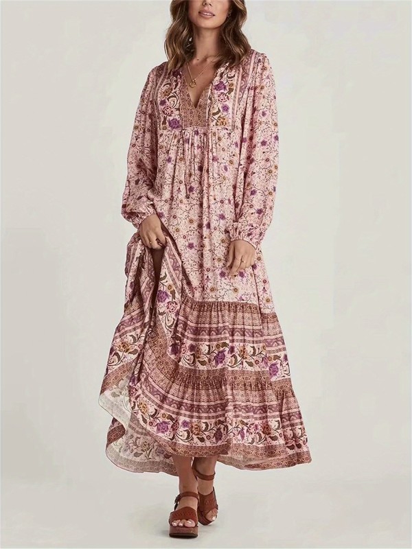 Women's Bohemian Long Dresses Floral Print Long Balloon Sleeves Tie V-Neck Tiered Smock Flowy A-Line Dress