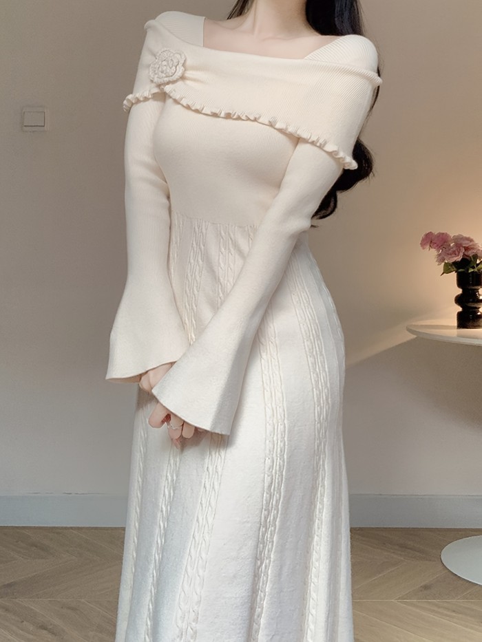 Women's Knit Dress with 3D Floral Off-Shoulder Detail, Long Sleeve, Solid Color, Regular Fit, A-Line, No Belt, Long Length, Sleeveless, Winter Fashion, Sweater Knit Fabric
