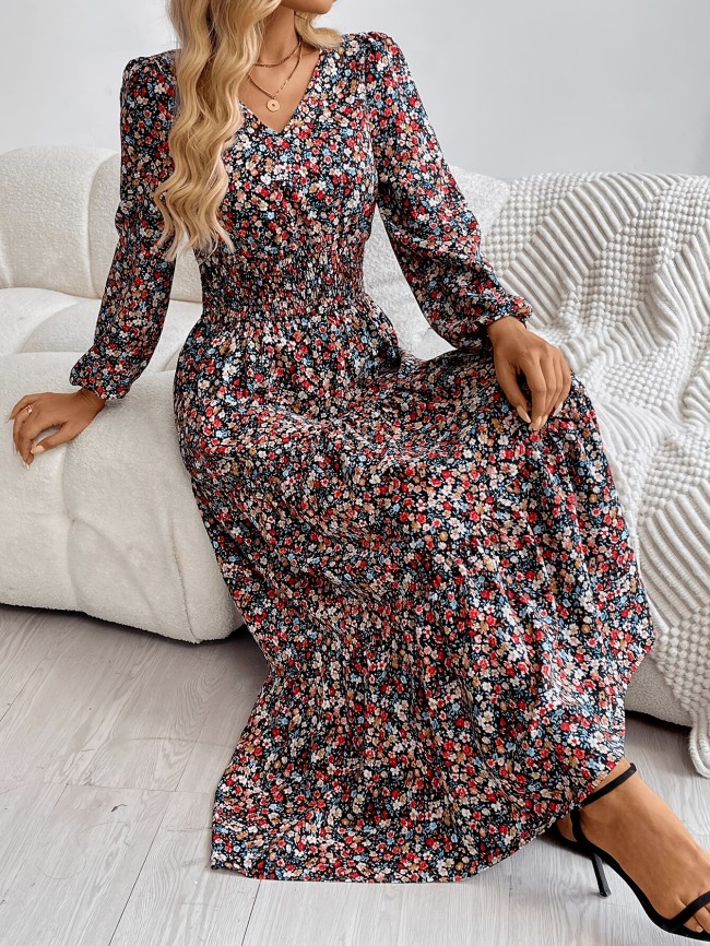 Elegant Boho Floral V-Neck Long Sleeve Dress with Ruffle Hem - Machine Washable, Polyester - Perfect for Spring\u002FSummer\u002FFall
