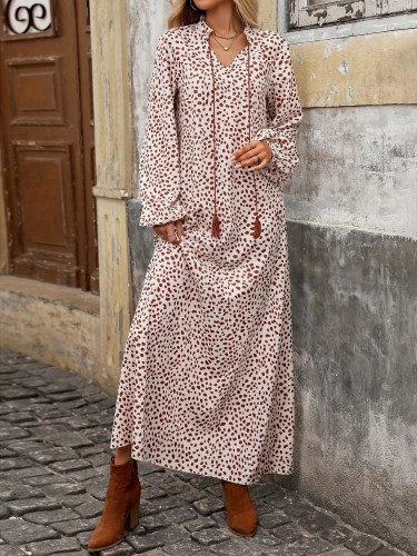 Floral Print V-neck A-line Dress, Elegant Lantern Sleeve Ankle Length Boho Dress For Spring & Fall, Women's Clothing