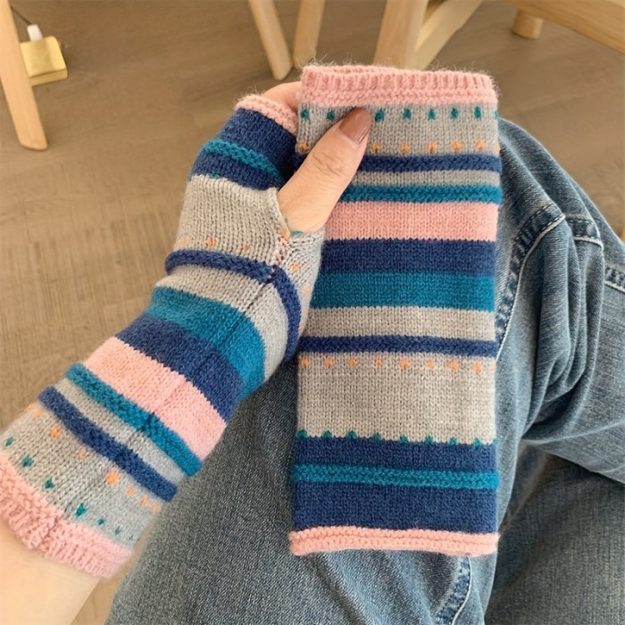 Chic Color Block Knit Gloves for Women - Stretchy, Fingerless Design with Star Pattern, Perfect for Outdoor Warmth & Style