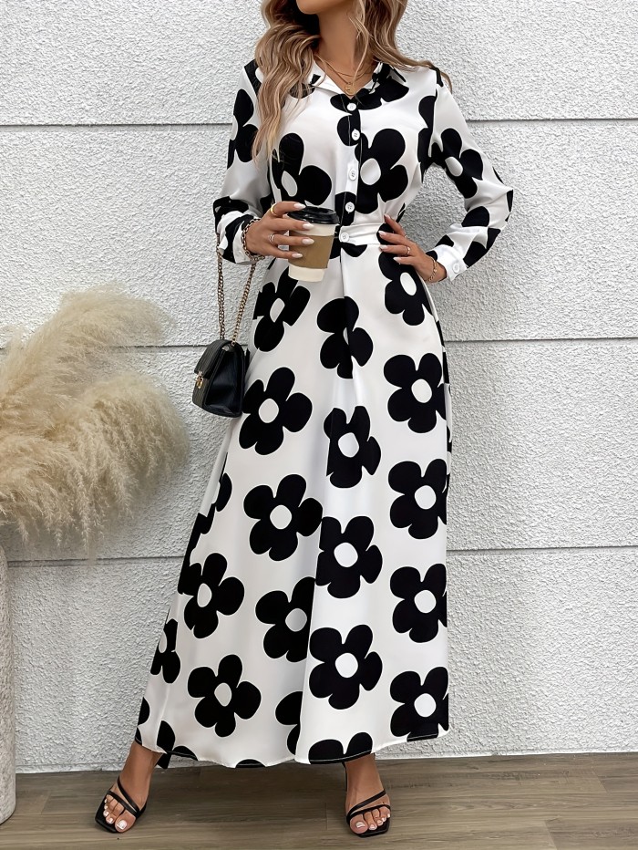 Floral Print Long Sleeve Dress, Elegant Button Front A-line Dress For Spring & Fall, Women's Clothing
